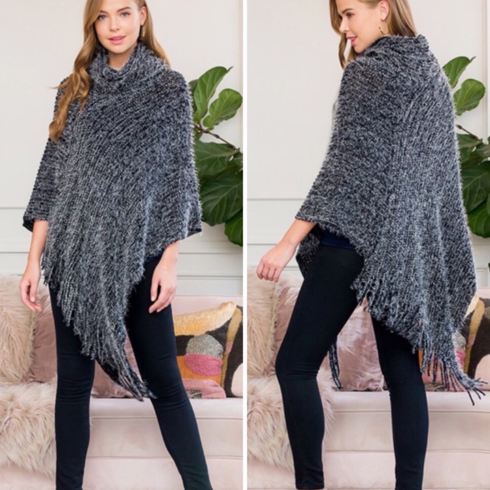Black Turtleneck Fringe Poncho - OS